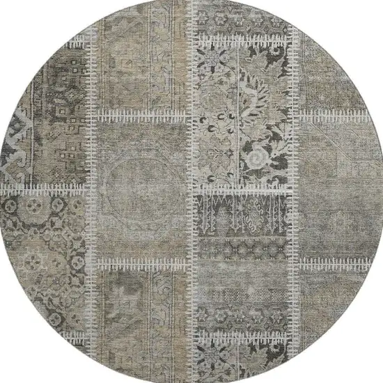 8' Taupe And Ivory Patchwork Washable Round Rug With UV Protection Photo 3
