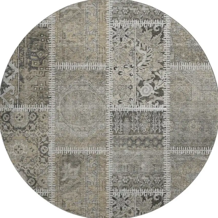 8' Taupe And Ivory Patchwork Washable Round Rug With UV Protection Photo 3