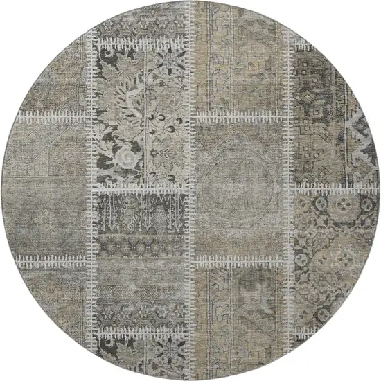 8' Taupe And Ivory Patchwork Washable Round Rug With UV Protection Photo 4
