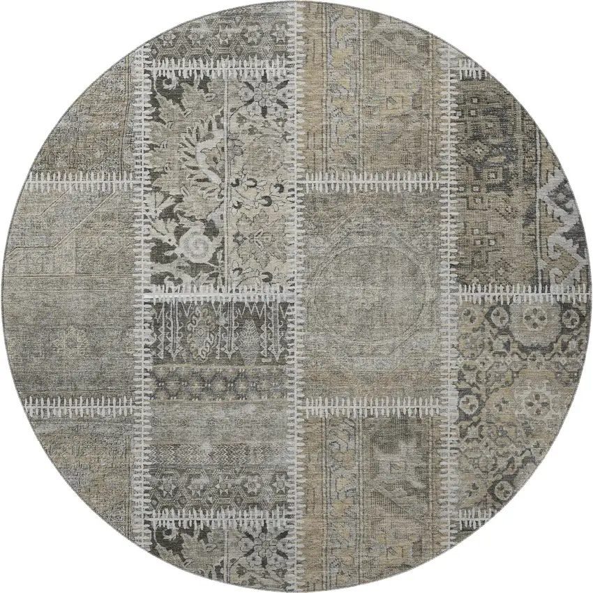 8' Taupe And Ivory Patchwork Washable Round Rug With UV Protection Photo 4