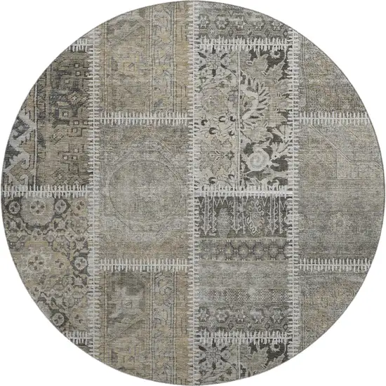 8' Taupe And Ivory Patchwork Washable Round Rug With UV Protection Photo 1