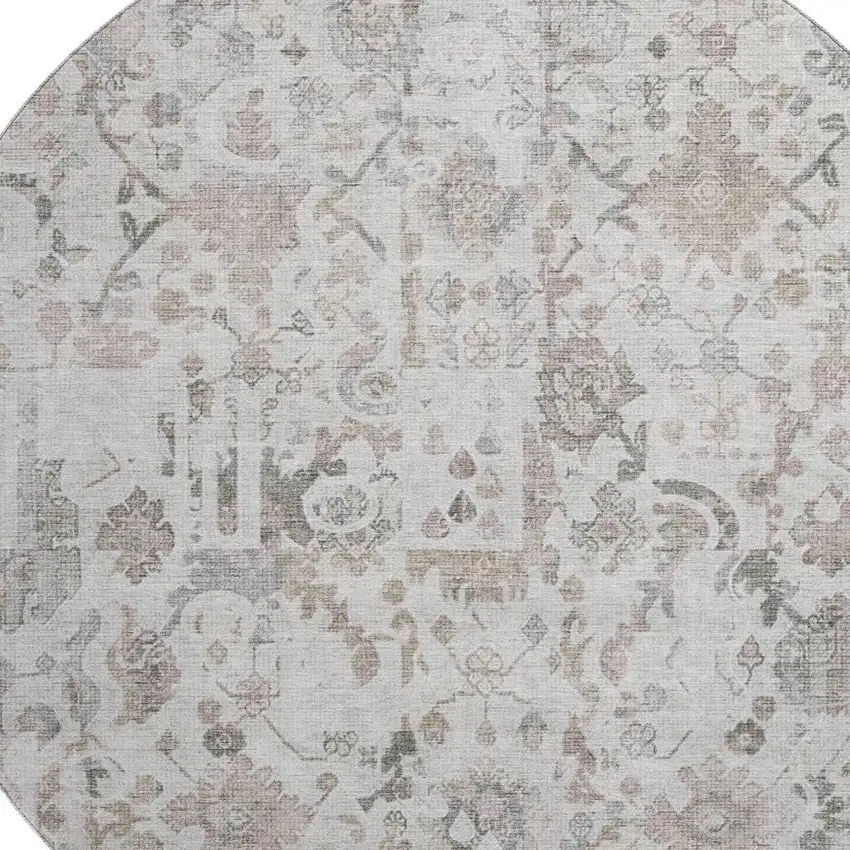 8' Taupe And Ivory Patchwork Washable Round Rug With UV Protection Photo 3