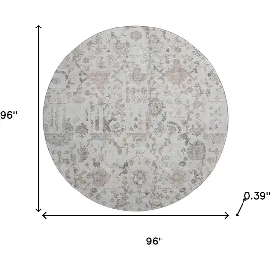 8' Taupe And Ivory Patchwork Washable Round Rug With UV Protection Photo 8