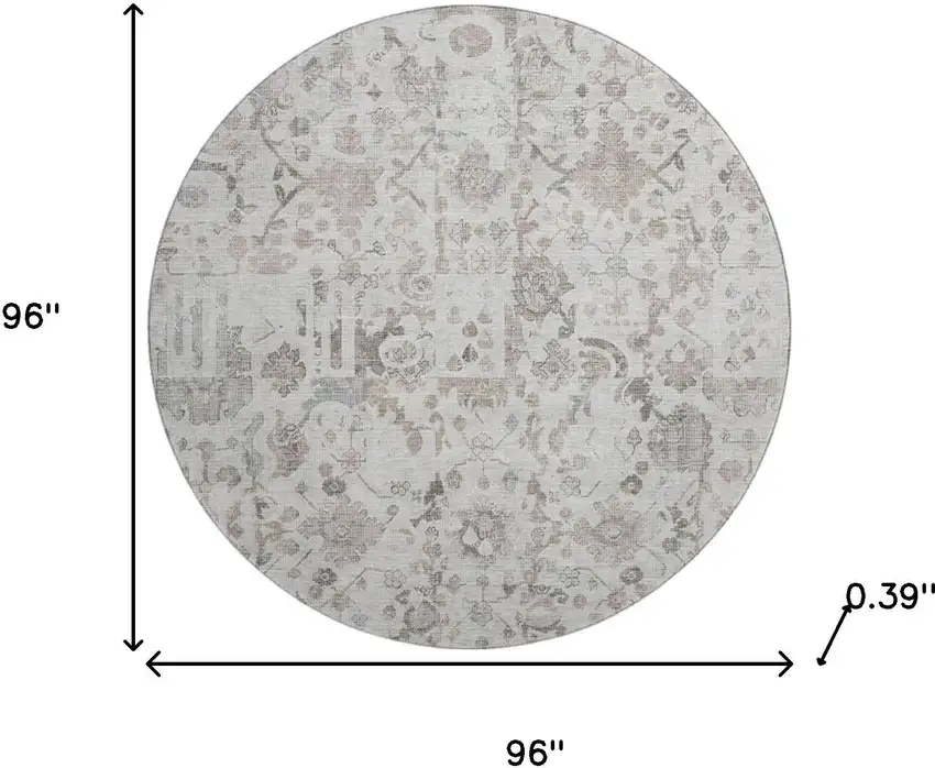 8' Taupe And Ivory Patchwork Washable Round Rug With UV Protection Photo 8