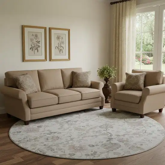 8' Taupe And Ivory Patchwork Washable Round Rug With UV Protection Photo 2