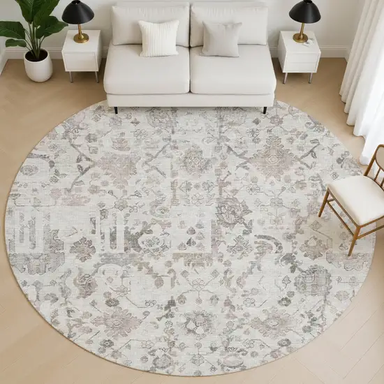 8' Taupe And Ivory Patchwork Washable Round Rug With UV Protection Photo 5