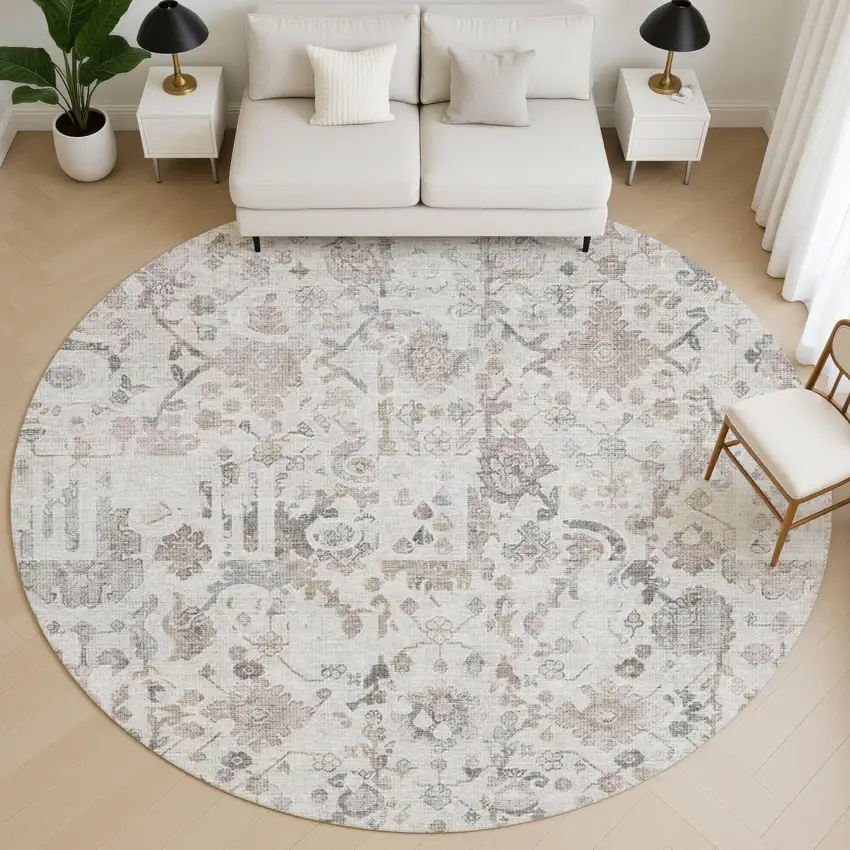 8' Taupe And Ivory Patchwork Washable Round Rug With UV Protection Photo 5
