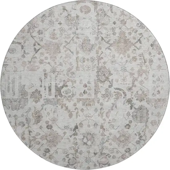 8' Taupe And Ivory Patchwork Washable Round Rug With UV Protection Photo 1