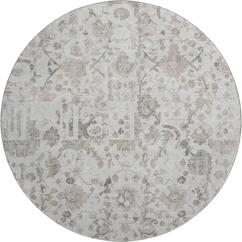 8' Taupe And Ivory Patchwork Washable Round Rug With UV Protection Photo 1