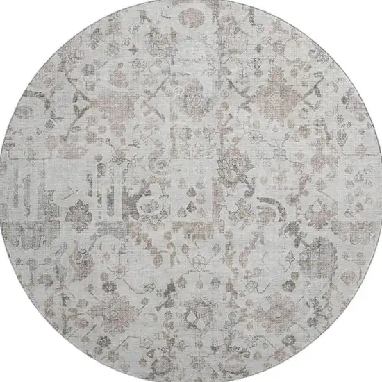 8' Taupe And Ivory Patchwork Washable Round Rug With UV Protection Photo 4