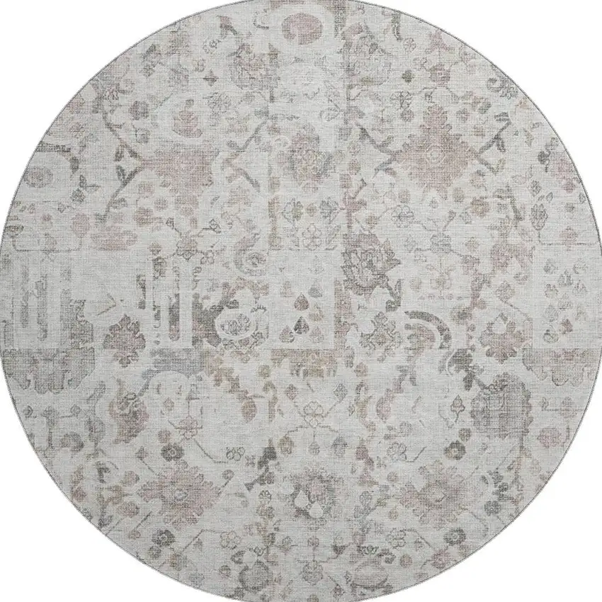 8' Taupe And Ivory Patchwork Washable Round Rug With UV Protection Photo 4