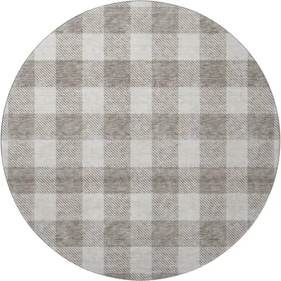 8' Taupe And Ivory Plaid Washable Round Rug With UV Protection Photo 3