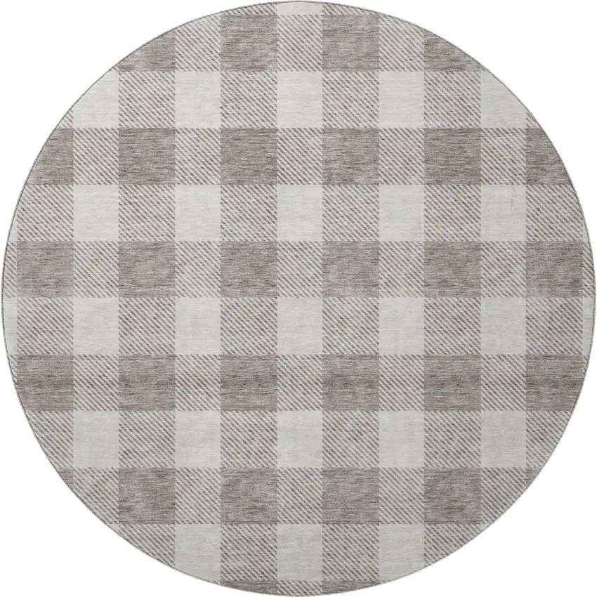 8' Taupe And Ivory Plaid Washable Round Rug With UV Protection Photo 3