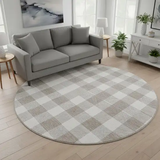 8' Taupe And Ivory Plaid Washable Round Rug With UV Protection Photo 2
