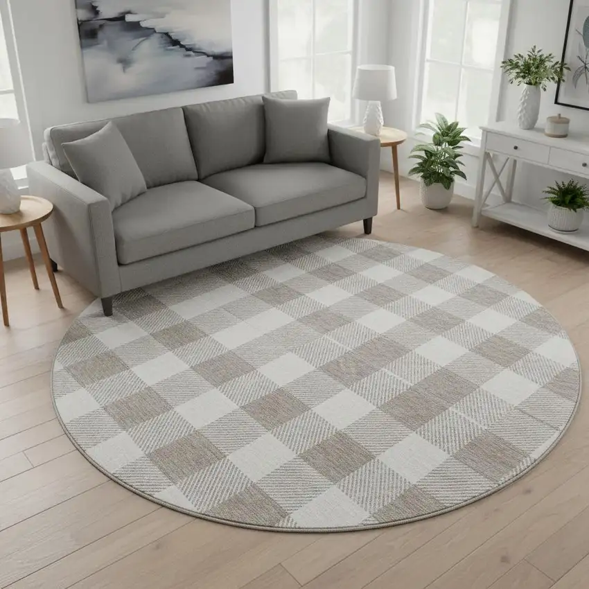 8' Taupe And Ivory Plaid Washable Round Rug With UV Protection Photo 2