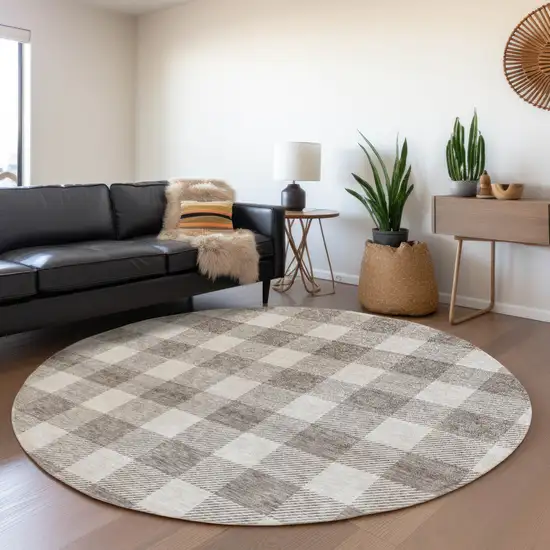 8' Taupe And Ivory Plaid Washable Round Rug With UV Protection Photo 4