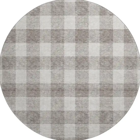 8' Taupe And Ivory Plaid Washable Round Rug With UV Protection Photo 2