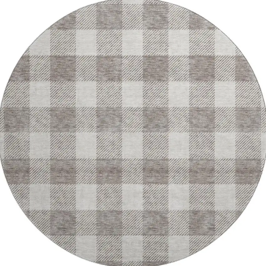 8' Taupe And Ivory Plaid Washable Round Rug With UV Protection Photo 2