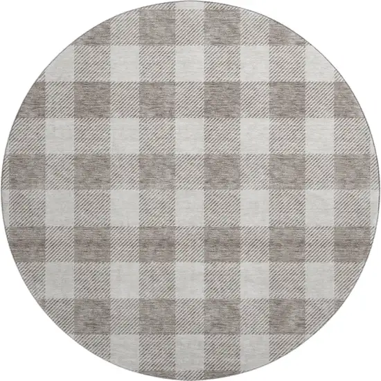 8' Taupe And Ivory Plaid Washable Round Rug With UV Protection Photo 1