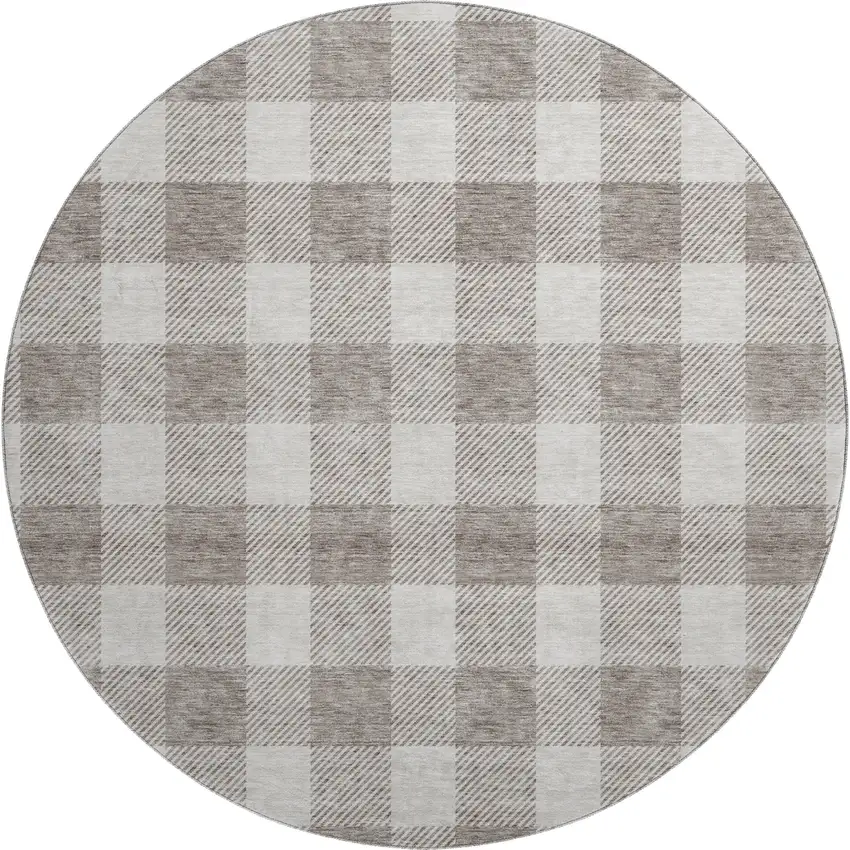 8' Taupe And Ivory Plaid Washable Round Rug With UV Protection Photo 1