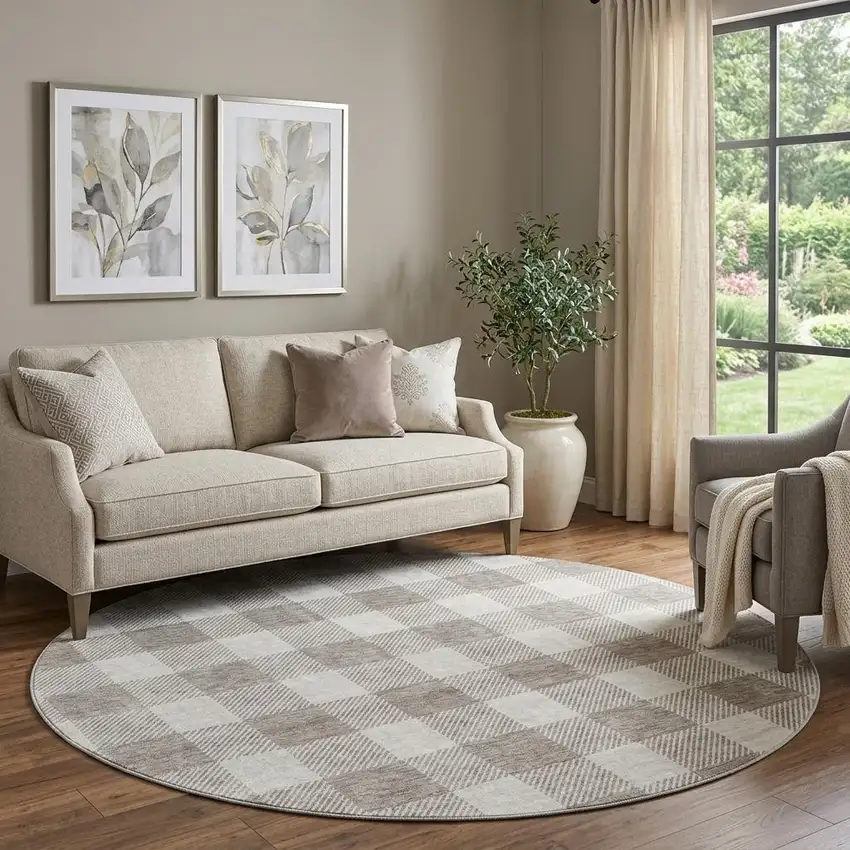 8' Taupe And Ivory Plaid Washable Round Rug With UV Protection Photo 1