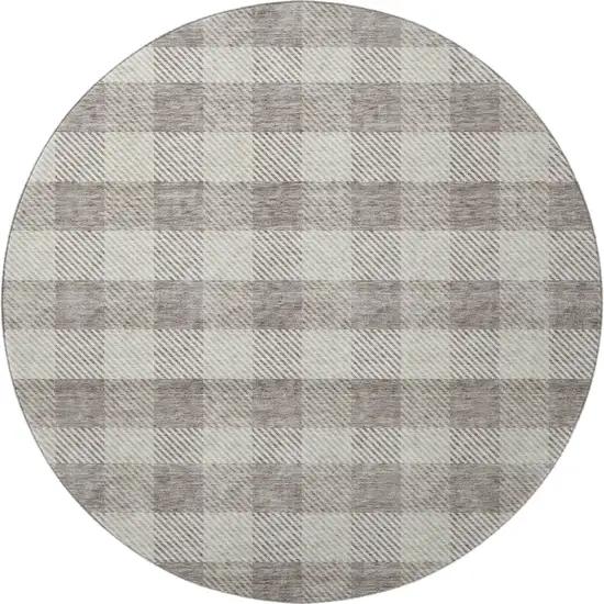 8' Taupe And Ivory Plaid Washable Round Rug With UV Protection Photo 2
