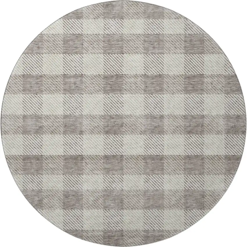 8' Taupe And Ivory Plaid Washable Round Rug With UV Protection Photo 2