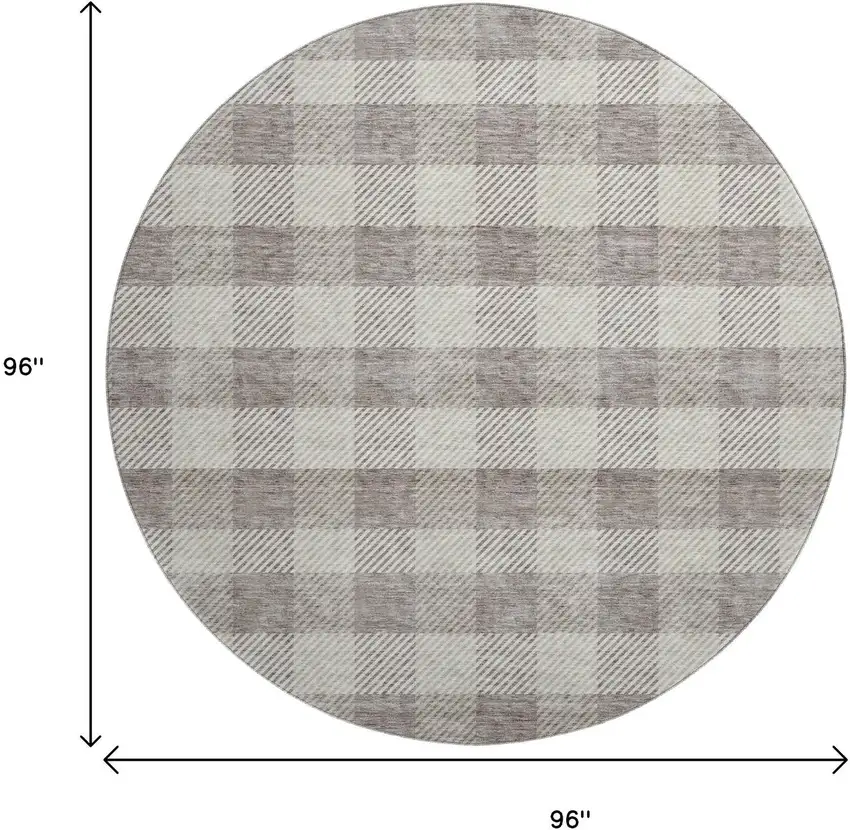 8' Taupe And Ivory Plaid Washable Round Rug With UV Protection Photo 8
