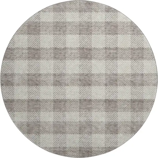 8' Taupe And Ivory Plaid Washable Round Rug With UV Protection Photo 1