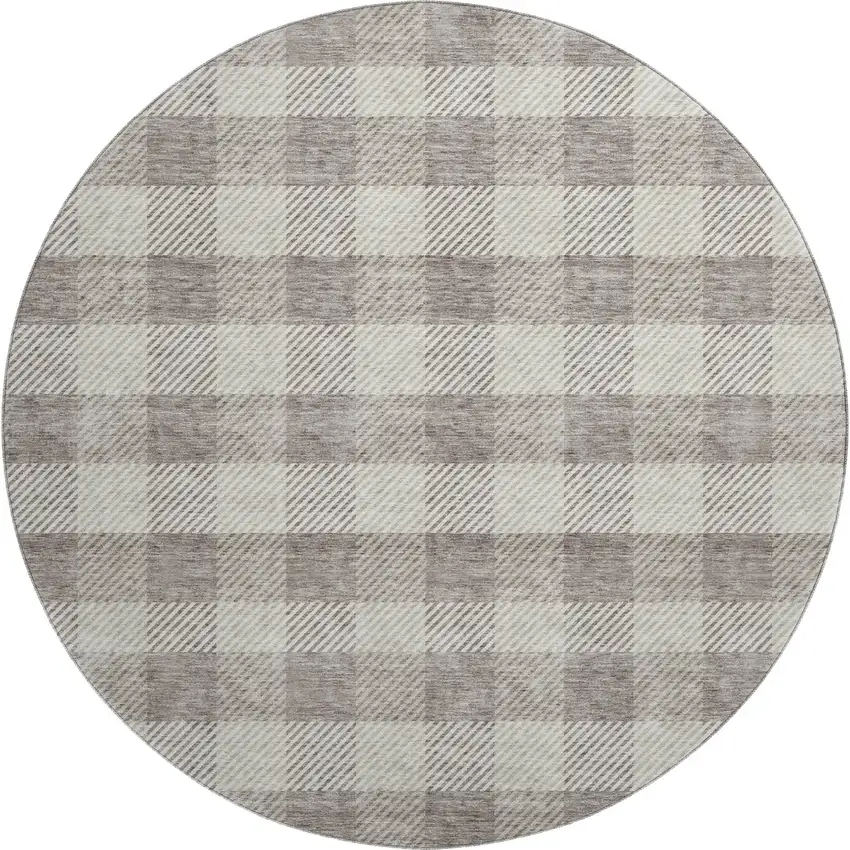 8' Taupe And Ivory Plaid Washable Round Rug With UV Protection Photo 1