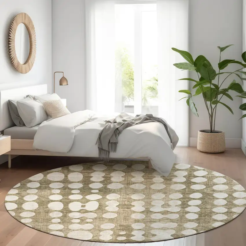 8' Taupe And Ivory Polka Dot Washable Round Rug With UV Protection Photo 5