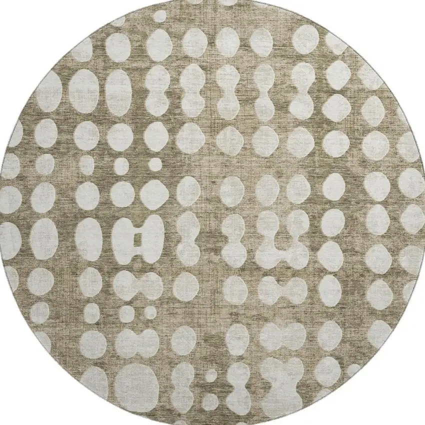 8' Taupe And Ivory Polka Dot Washable Round Rug With UV Protection Photo 4