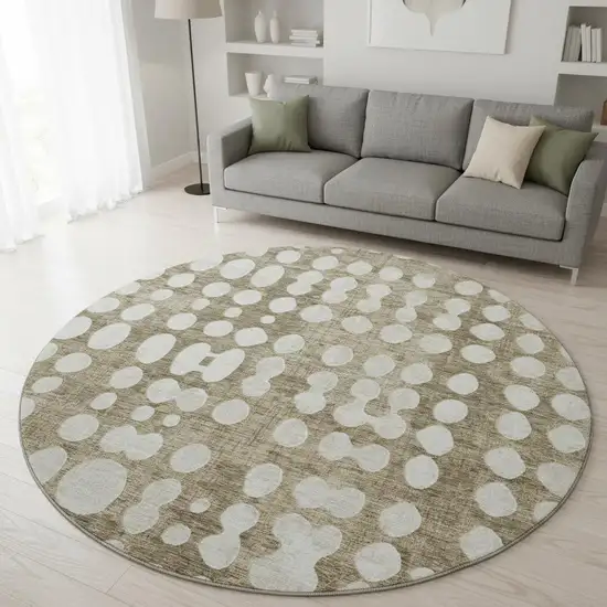 8' Taupe And Ivory Polka Dot Washable Round Rug With UV Protection Photo 2