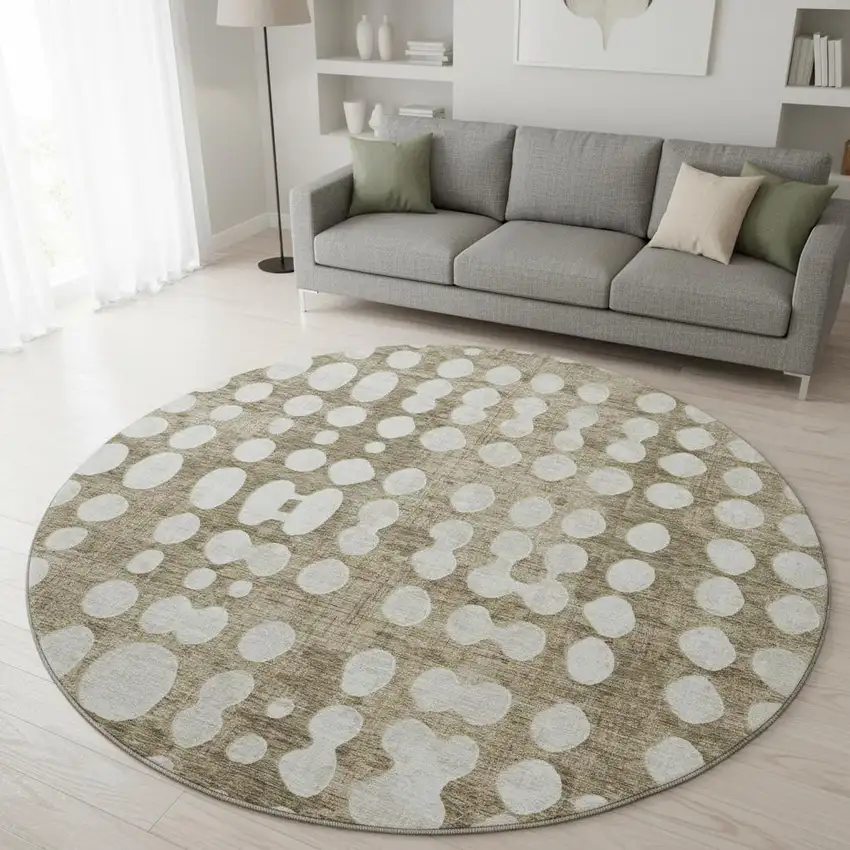8' Taupe And Ivory Polka Dot Washable Round Rug With UV Protection Photo 2