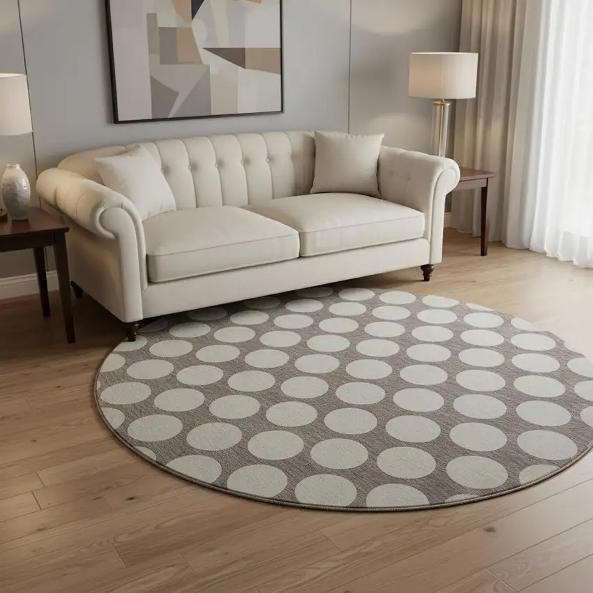 8' Taupe And Ivory Polka Dot Washable Round Rug With UV Protection Photo 2