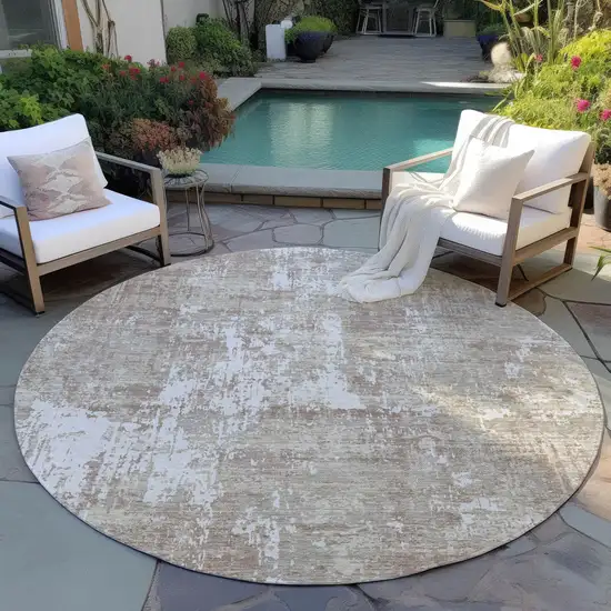 8' Taupe And Ivory Round Abstract Washable Indoor Outdoor Area Rug Photo 6