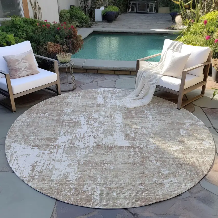 8' Taupe And Ivory Round Abstract Washable Indoor Outdoor Area Rug Photo 6