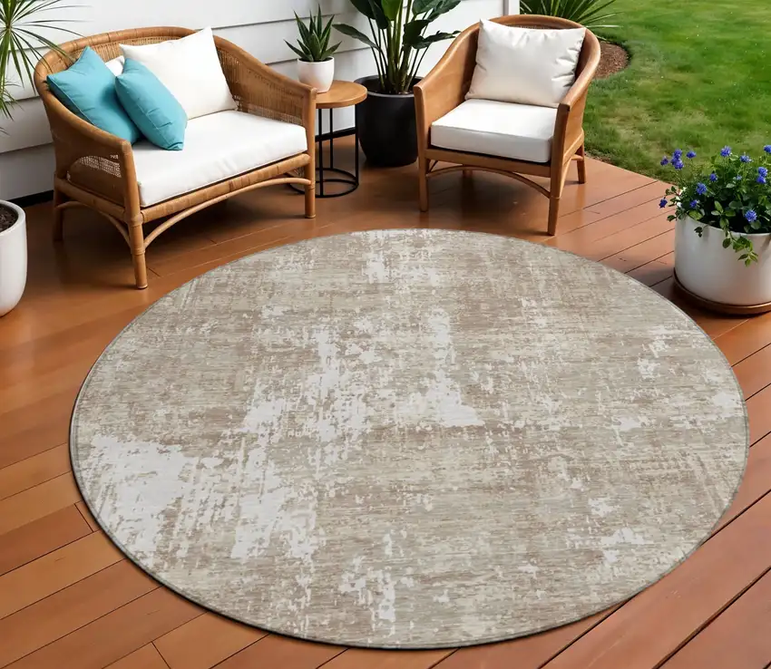 8' Taupe And Ivory Round Abstract Washable Indoor Outdoor Area Rug Photo 1