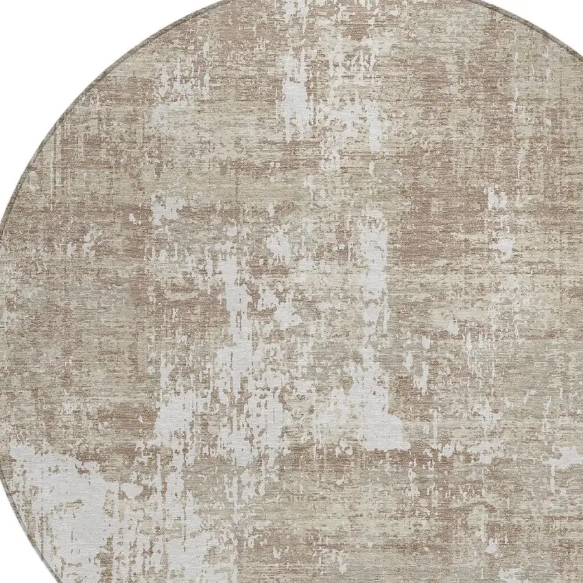 8' Taupe And Ivory Round Abstract Washable Indoor Outdoor Area Rug Photo 4