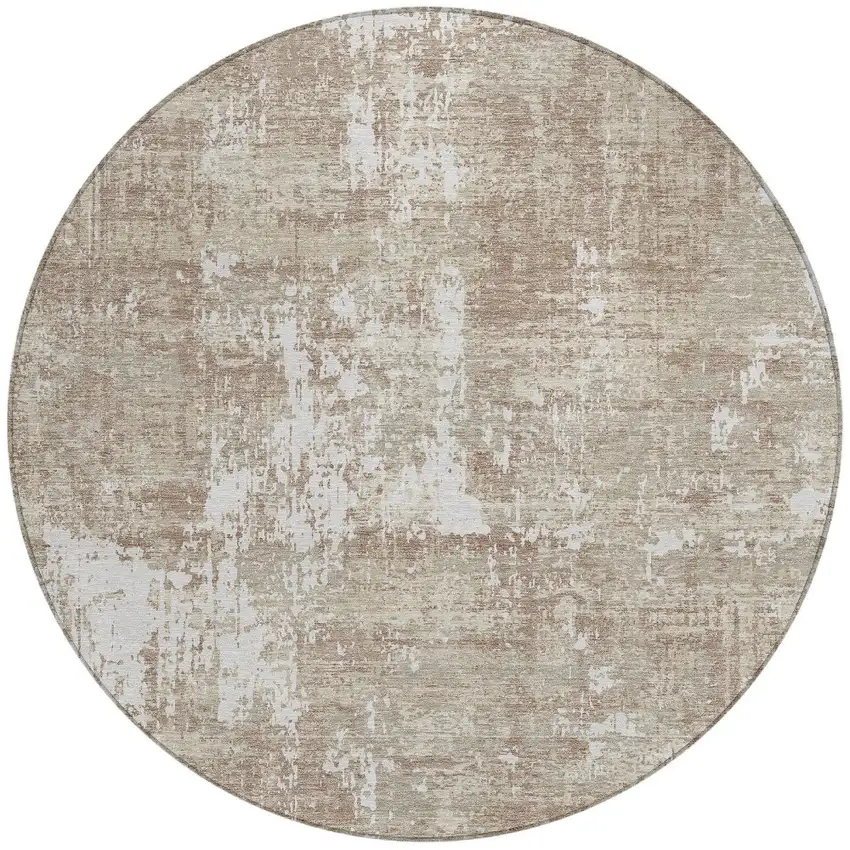 8' Taupe And Ivory Round Abstract Washable Indoor Outdoor Area Rug Photo 5