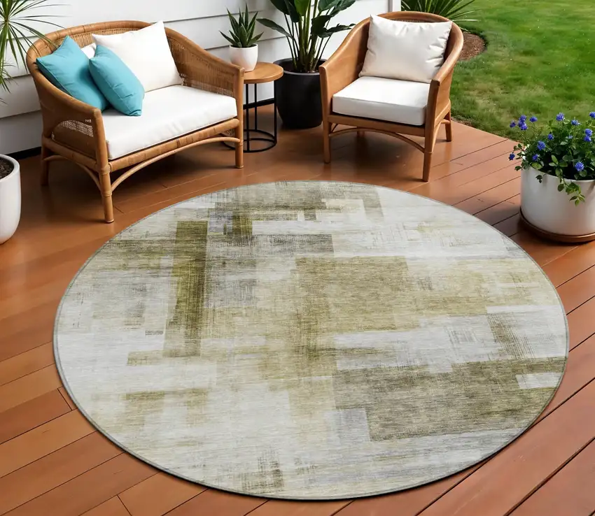 8' Taupe And Ivory Round Abstract Washable Indoor Outdoor Area Rug Photo 1