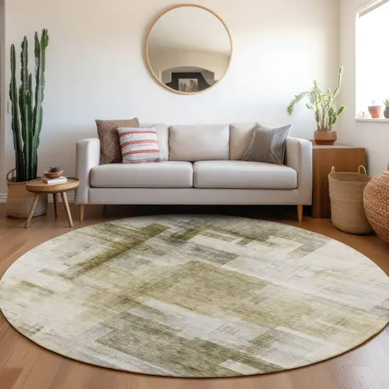 8' Taupe And Ivory Round Abstract Washable Indoor Outdoor Area Rug Photo 8