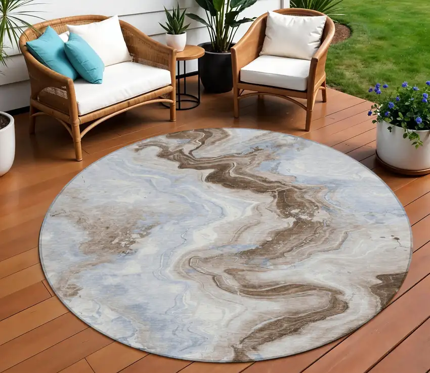 8' Taupe And Ivory Round Abstract Washable Indoor Outdoor Area Rug Photo 2