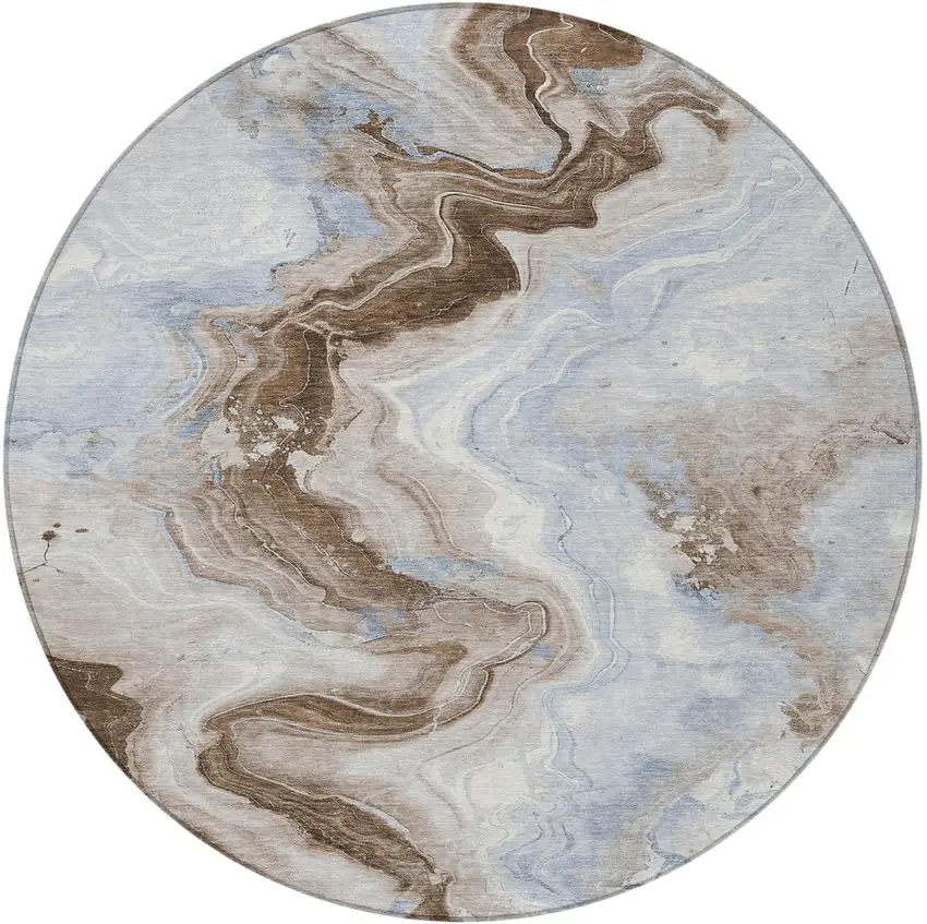 8' Taupe And Ivory Round Abstract Washable Indoor Outdoor Area Rug Photo 4