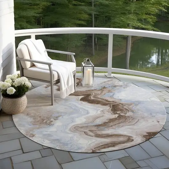 8' Taupe And Ivory Round Abstract Washable Indoor Outdoor Area Rug Photo 5