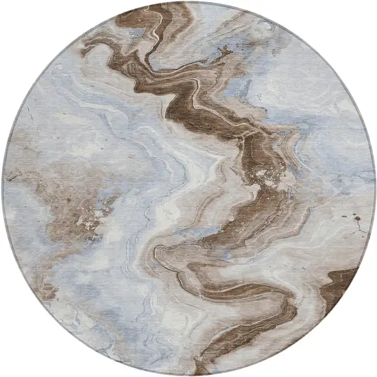 8' Taupe And Ivory Round Abstract Washable Indoor Outdoor Area Rug Photo 1