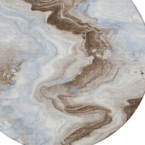 8' Taupe And Ivory Round Abstract Washable Indoor Outdoor Area Rug Photo 8