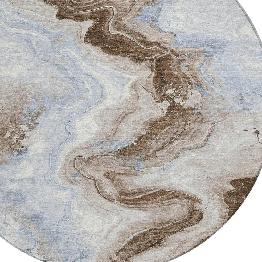 8' Taupe And Ivory Round Abstract Washable Indoor Outdoor Area Rug Photo 8