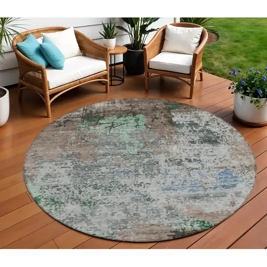 8' Taupe And Ivory Round Abstract Washable Indoor Outdoor Area Rug Photo 2