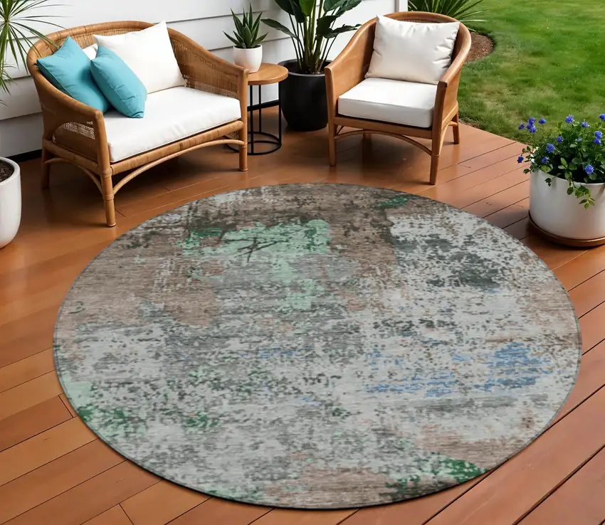 8' Taupe And Ivory Round Abstract Washable Indoor Outdoor Area Rug Photo 2
